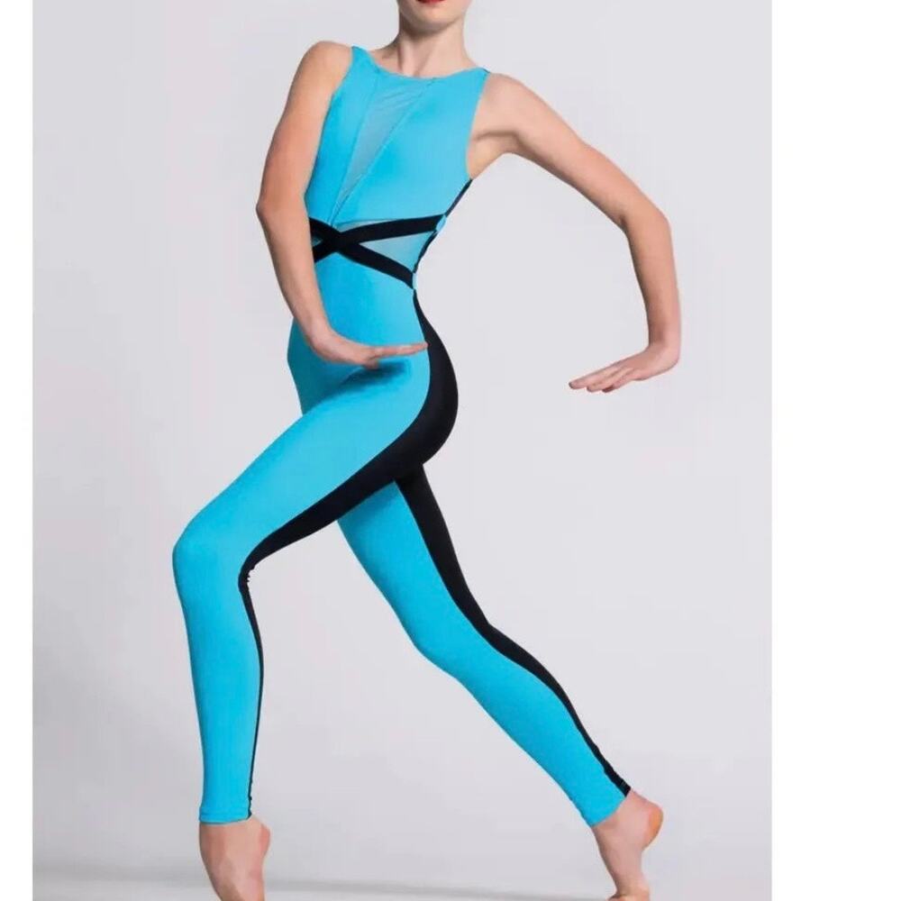 Weissman Dance Turquoise & Black mesh panel bodycon one piece catsuit 12/14 - Picture 2 of 12